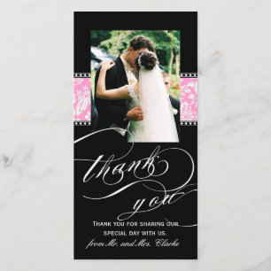 Black Pink Damask Wedding Thank You Photo Card