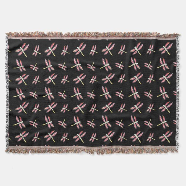 Black, Pink Dancing Dragonfly Bugs Throw Blanket (Front)