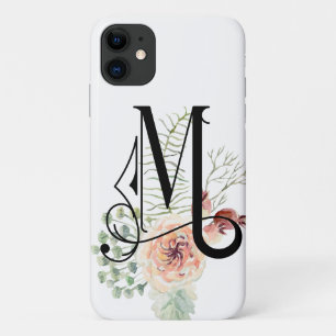 Black & Pink Decorative Floral Monogram M on White iPhone 11 Case