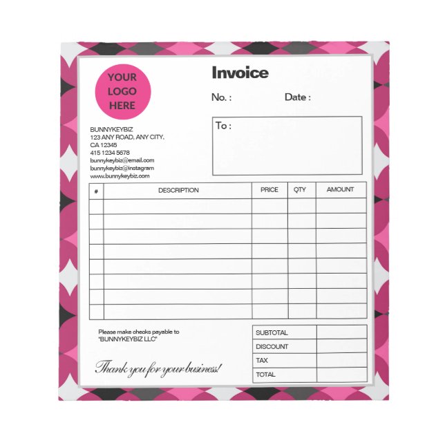 Black Pink Diamond Company Business Shop Invoice Notepad (Front)