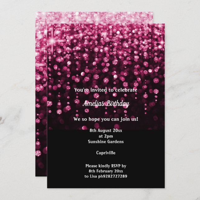 BLACK PINK DIAMOND WATERFALL 2 BIRTHDAY PARTY  INVITATION (Front/Back)