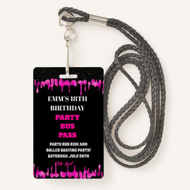 Black Pink Dripping Glitter 18 Birthday VIP Pass  ID Badge (Front with Lanyard)