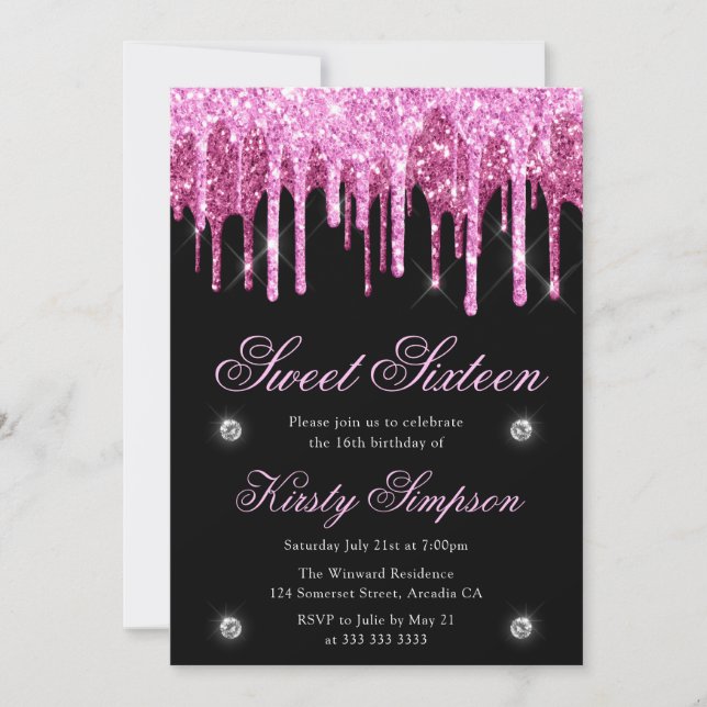 Black & Pink Dripping Glitter Sweet Sixteen Invitation (Front)