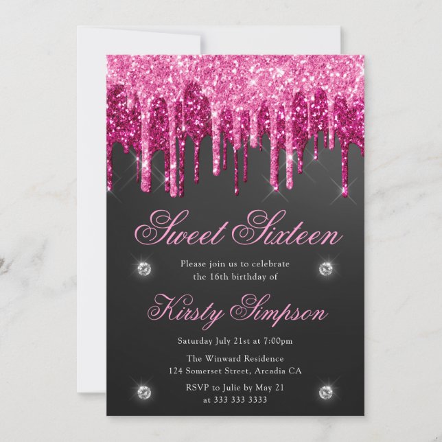 Black & Pink Dripping Glitter Sweet Sixteen Invitation (Front)