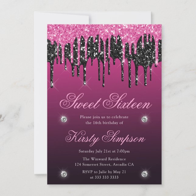 Black & Pink Dripping Glitter Sweet Sixteen Invitation (Front)