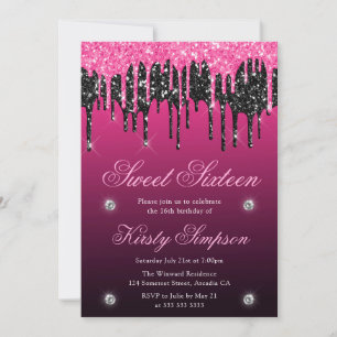 Black & Pink Dripping Glitter Sweet Sixteen Invitation