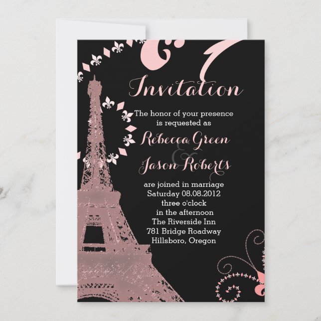 black pink eiffel tower vintage paris wedding invitation (Front)
