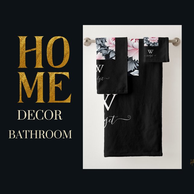 black  & pink elegant Modern Floral Bath Towel Set (Creator Uploaded)