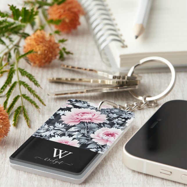 black & pink elegant Modern Floral Key Ring (Front Right)