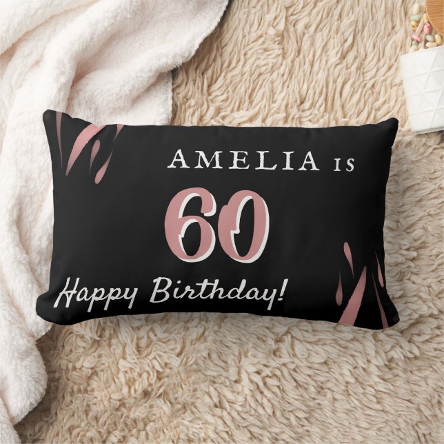 Black Pink Elegant Watercolor 60th Birthday Name Lumbar Cushion (Blanket)