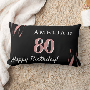 Black Pink Elegant Watercolor 80th Birthday Name Lumbar Cushion