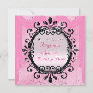 Black & Pink Fancy Frame Sweet 16 Party Invitation