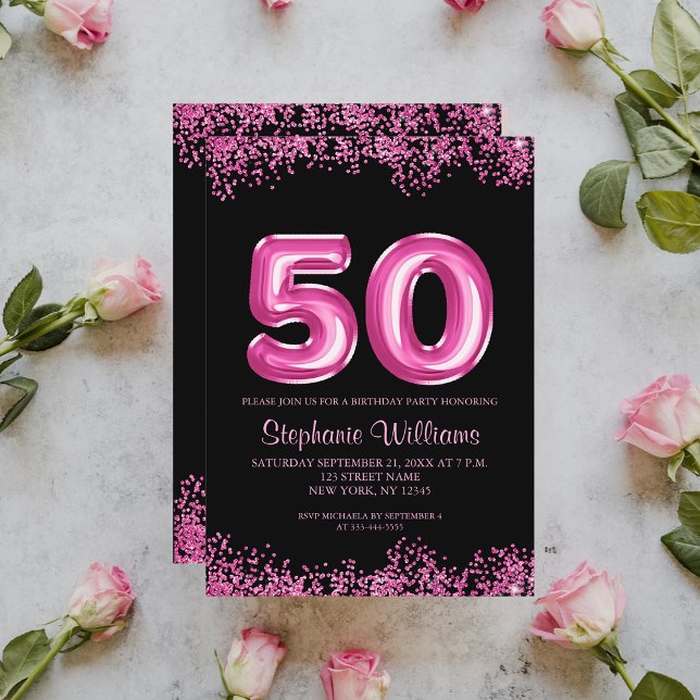 Black Pink Faux Glitter 50th Birthday Party Invitation (Creator Uploaded)