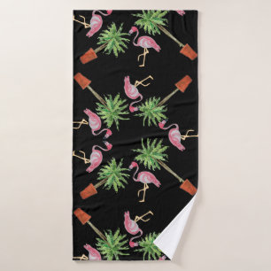 Black Pink Flamingo Flamingos Palm Tree Bath Bath Towel Set