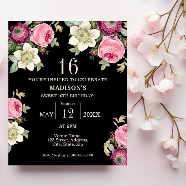 Black & Pink Floral 16th Birthday Invitation (Creator Uploaded)