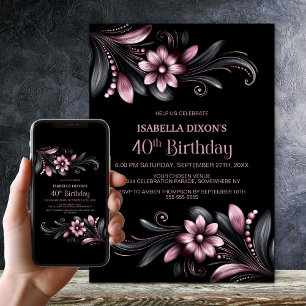 Black Pink Floral 40th Birthday Party Invitation