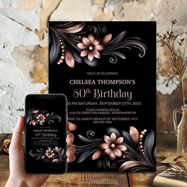 Black Pink Floral 50th Birthday Party Invitation (Creator Uploaded)