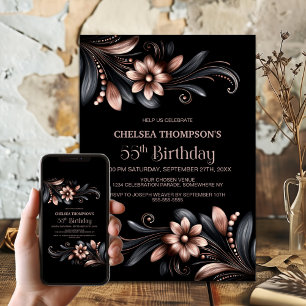 Black Pink Floral 55th Birthday Party Invitation