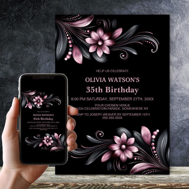 Black Pink Floral Birthday Party Invitation (Creator Uploaded)