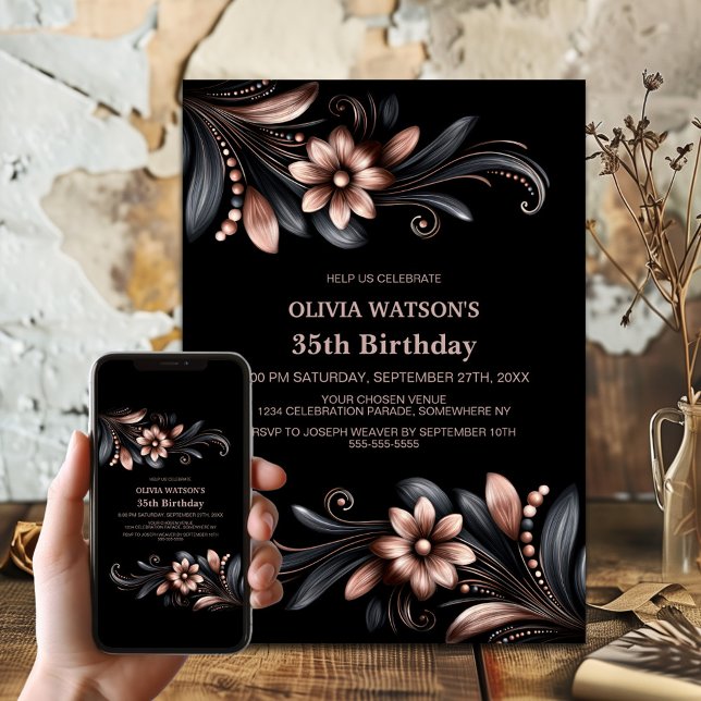 Black Pink Floral Birthday Party Invitation (Creator Uploaded)