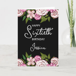 Black Pink Floral Black 60th Birthday Card