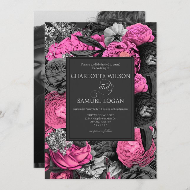 Black Pink Floral | Black and White Photo Wedding Invitation (Front/Back)