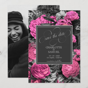 Black Pink Floral   Black and White Photo Wedding Save The Date