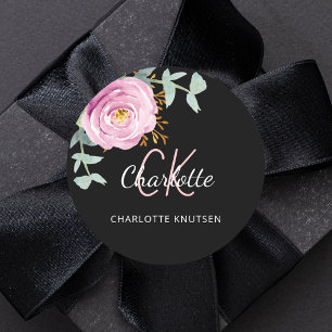 Black pink floral eucalyptus thank you classic round sticker