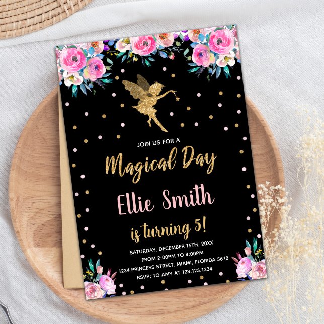 Black Pink Floral Fairy Birthday Invitations (Black Pink Floral Fairy Birthday Invitations)