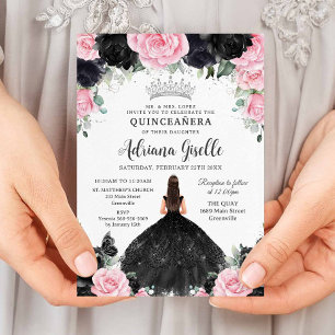 Black Pink Floral Flowers Dress Silver Quinceanera Invitation