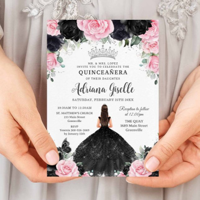 Black Pink Floral Flowers Dress Silver Quinceanera Invitation (black and pink roses floral girl in black dress quinceanera sweet 16 birthday invitation download)