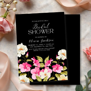 Black pink floral garden flowers Bridal shower Invitation