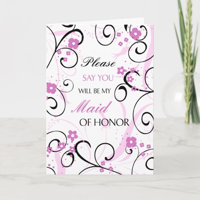 Black & Pink Floral Maid of Honour Invitation Card (Front)