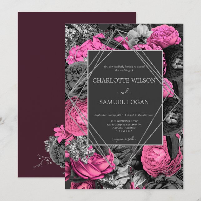 Black Pink Floral | Modern Chic Floral Wedding Inv Invitation (Front/Back)