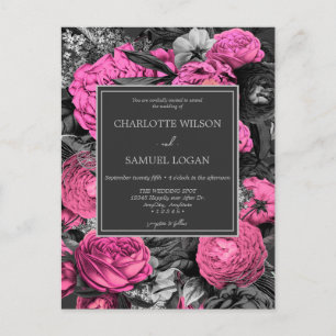 Black Pink Floral Modern Chic Floral Wedding Invitation Postcard