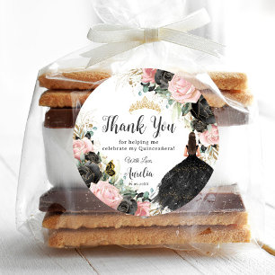 Black Pink Floral Princess Dress Gold Quinceañera Classic Round Sticker