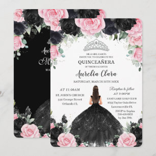 Black Pink Floral Princess Gown Silver Quinceañera Invitation