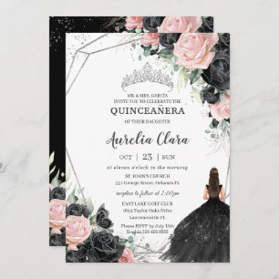 Black Pink Floral Princess Silver Quinceañera Invitation