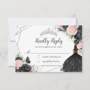 Black Pink Floral Princess Silver Quinceañera  RSVP Card