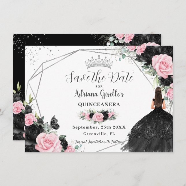Black Pink Floral Princess Silver Quinceañera Save The Date (Front/Back)