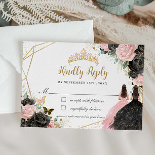 Black Pink Floral Princess Twins Quinceañera Reply RSVP Card