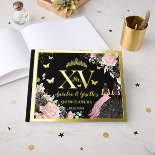 Black Pink Floral Quinceanera Quince 15 XV Twins Guest Book