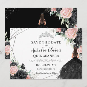 Black Pink Floral Silver Quinceanera XV Sweet 16 Save The Date