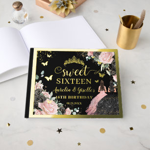 Black Pink Floral Twins Sweet Sixteen 16 Birthday Guest Book
