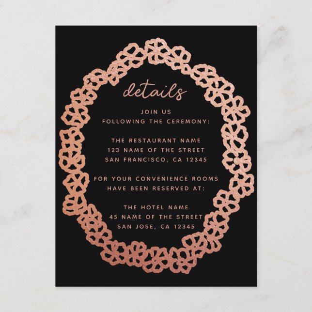 Black Pink Floral Wedding Details Rose Gold Wreath Enclosure Card (Front)
