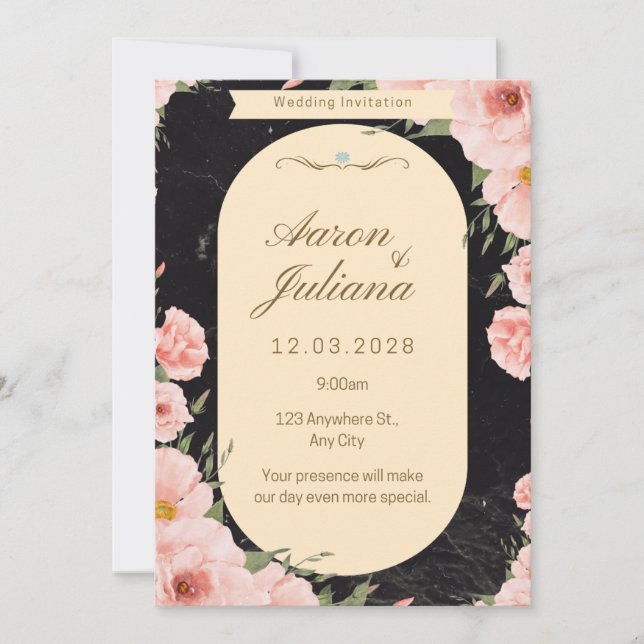 black pink floral wedding invitation  (Front)