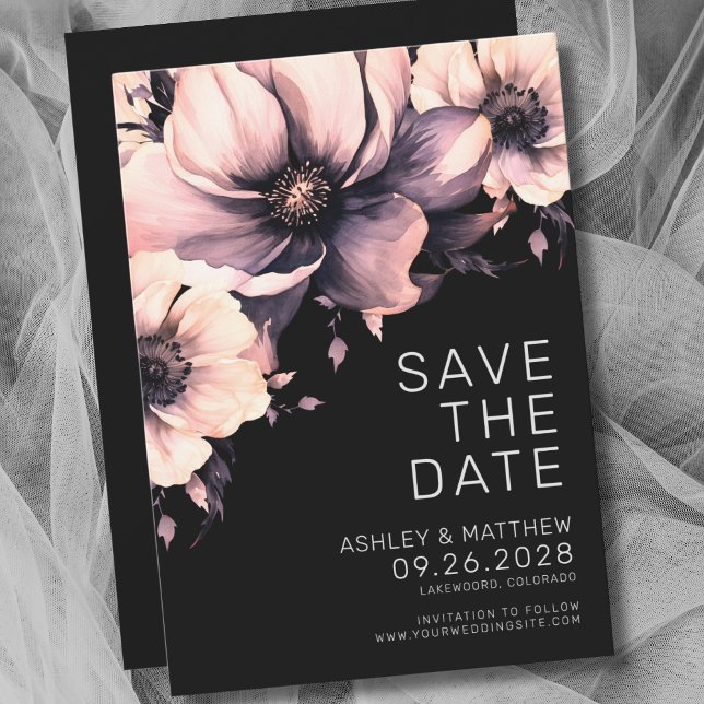 Black Pink Floral Wedding Save The Date (Botanical Modern Elegant Black Pink Floral Wedding Save the Date)