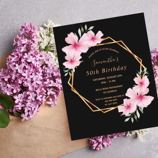 Black pink florals budget birthday invitation (Creator Uploaded)