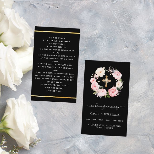 Black pink florals cross funeral prayer card (Creator Uploaded)