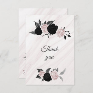 black & pink flowers botanical marble thank you card
